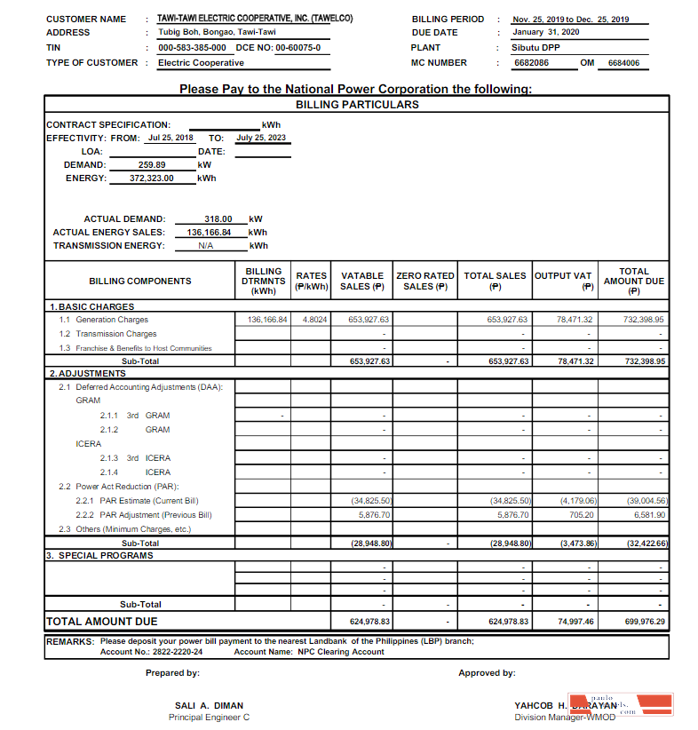 PHILIPPINES TAWELCO utility bill Word and PDF template